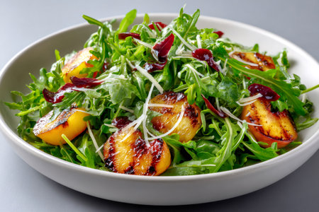 Delicious summer salad with grilled peaches, arugula, parmesan cheese and balsamic glazeの素材