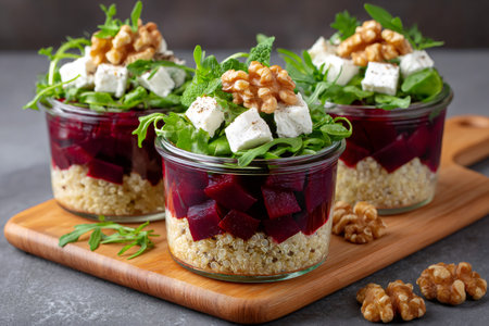 Healthy layered salad with beetroot, quinoa, feta cheese, arugula, walnuts and mint in glass jarsの素材