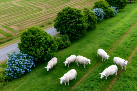 Aerial view of sheep grazing in green field near road and cultivated fieldの素材