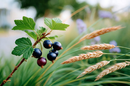 Blackcurrant berries and wheat growing in a garden during summerの素材