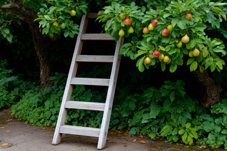Old wooden ladder leaning on apple tree branches full of ripe fruits ready for harvestingの素材