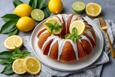 Lemon bundt cake with icing and mint leaves is surrounded by fresh lemons and limesの素材