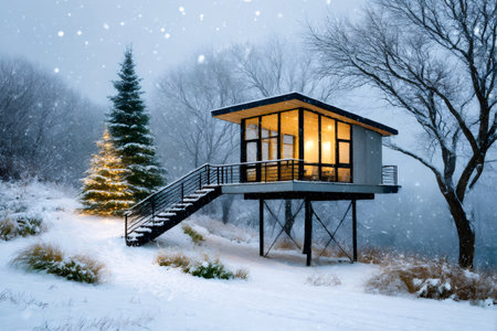 Cozy modern tiny house on stilts during a snowfall with an illuminated Christmas tree, perfect for a winter getawayの素材