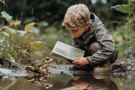 Young boy wearing muddy clothes showing a book about nature to a frog near a puddle in a forestの素材
