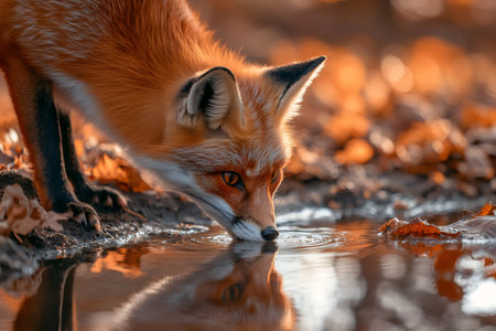 Wild red fox quenching thirst in a puddle reflecting its image in a beautiful autumn forestの素材