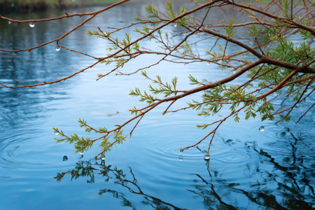 Tree branch with fresh green leaves and water drops reflecting in a pond during a rainy spring dayの素材