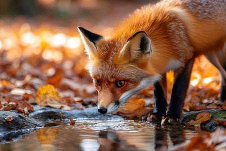 Red fox drinking water from a puddle in the forest in autumnの素材