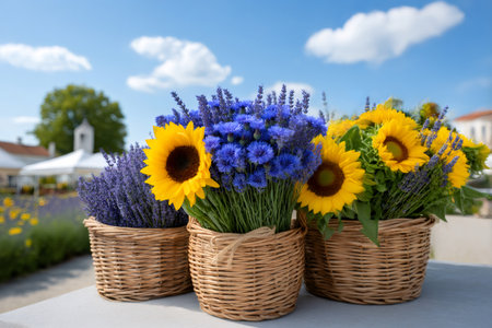 Sunflowers, lavender and cornflowers arranged in wicker baskets on a stone table in a sunny gardenの素材