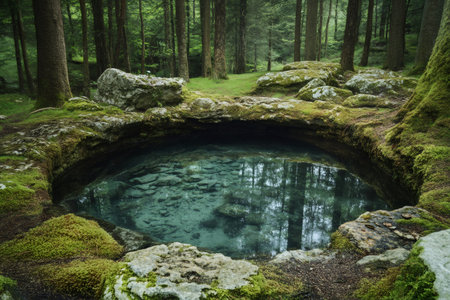 Clear water pond reflecting surrounding trees in a lush, mossy forest, creating a tranquil and mysterious atmosphereの素材