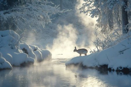 Wild mountain hare standing next to a steaming river in a snowy winter landscapeの素材