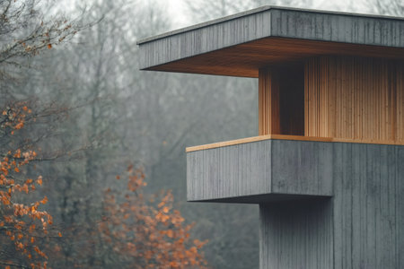 Concrete and wood house merging with autumnal forest showing innovative architectureの素材