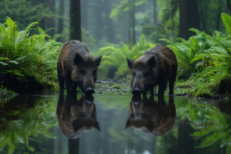Two wild boars drinking together in a pond inside a green forestの素材