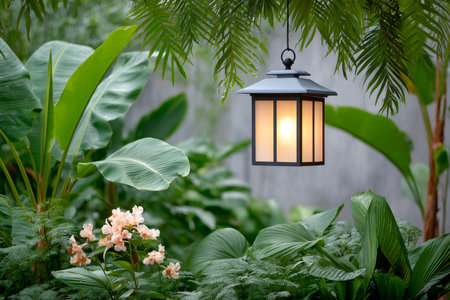 Electric lantern hanging in a lush tropical garden, creating a cozy atmosphereの素材