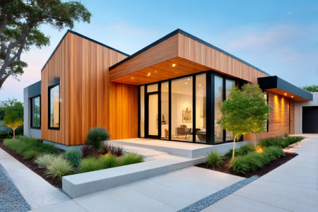 Beautiful modern single family house featuring wood siding and large windows, illuminated at sunsetの素材