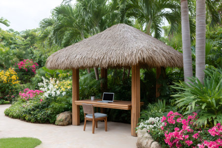 Laptop sitting on a wooden desk under a thatched roof gazebo surrounded by lush tropical vegetation, creating a serene workspaceの素材
