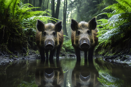 Two wild boars standing in a pond reflecting in the water in a green forestの素材