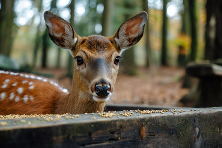 Beautiful sika deer with white spots eating from wooden trough in the forestの素材