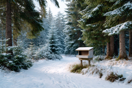 Snow covered wooden bird feeder in a snowy forest path during winterの素材