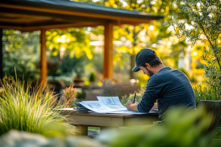 Architect drawing blueprints for a garden design project, enjoying the peaceful outdoor settingの素材