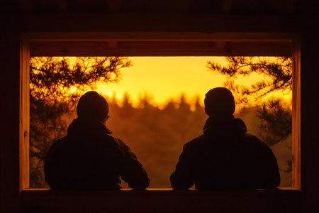 Two photographers are silhouetted against a beautiful golden sunset while observing wildlife from a wooden hideの素材