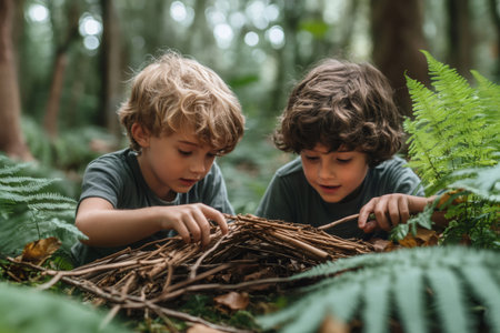Two kids playing and building a shelter with branches and sticks in a forest surrounded by fernsの素材