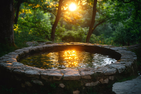 Golden sunset reflecting on water surface of small stone well surrounded by lush trees in the forest, creating a peaceful and magical atmosphereの素材