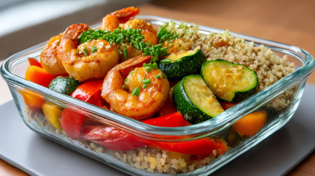 Healthy and balanced meal with shrimps, quinoa and vegetables inside a glass container, perfect for lunch or dinnerの素材