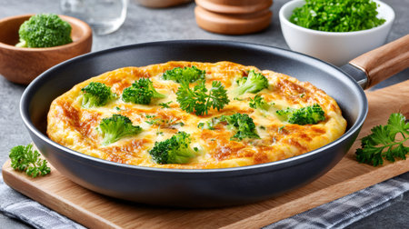 Delicious omelette with broccoli florets and parsley leaves in a pan, ready to be served for breakfastの素材