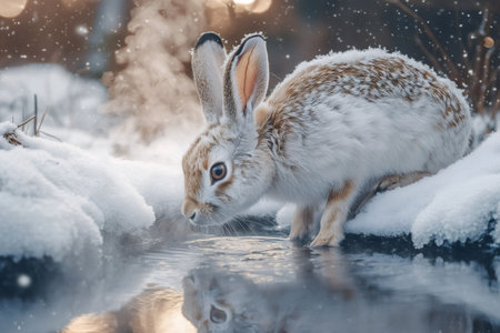 Beautiful snowshoe hare drinking water from a steaming pond during winter snowfallの素材