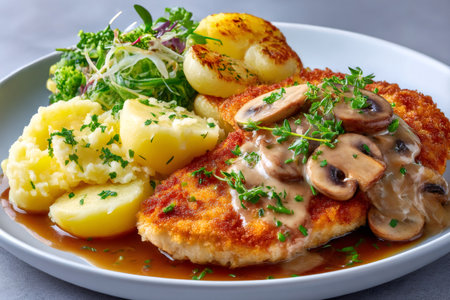 Breaded chicken cutlet with mushroom sauce, boiled and roasted potatoes and green saladの素材
