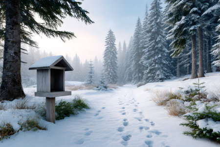 Footprints are leading into a misty forest with snow-covered trees and a birdhouse in the foregroundの素材