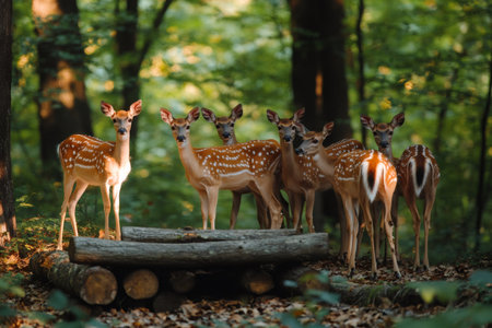 Beautiful young wild animals standing on wooden logs in green forest, wildlife photography of mammals in natural environmentの素材