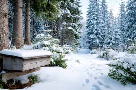 Wooden beehive covered by snow in a snowy forest with footprints in the snowの素材