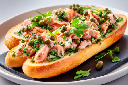 Two delicious sandwiches with tuna, capers and parsley lying on a black stone plateの素材