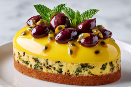 Small passion fruit cake decorated with fresh cherries, passion fruit seeds and mint leaves, resting on a white plateの素材