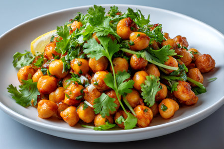 Delicious roasted chickpeas seasoned with coriander, lemon and spices on a white plate, perfect for a vegan or vegetarian dietの素材