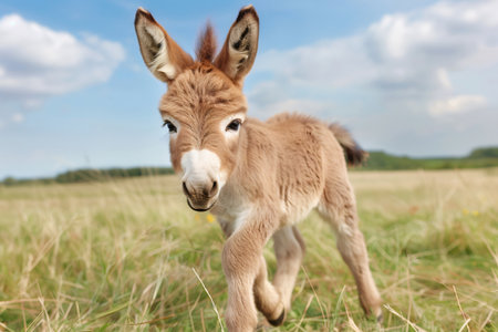 Cute light brown foal trotting in a field on a sunny dayの素材