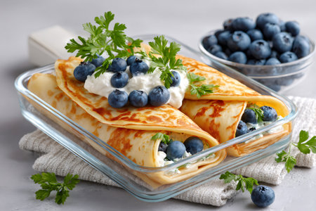 Rolled crepes are filled with ricotta cheese, blueberries and decorated with fresh parsley leavesの素材