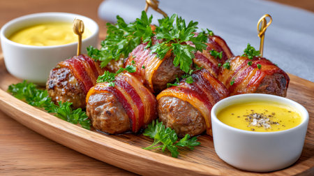Delicious bacon-wrapped meatballs garnished with fresh parsleyの素材