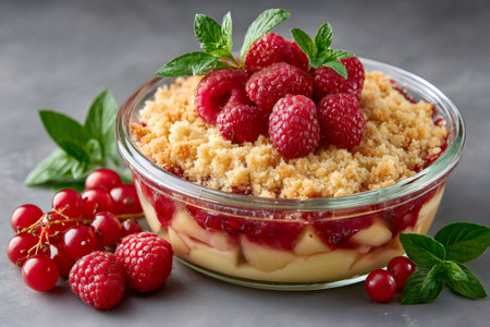 Raspberry crumble dessert with apples and custard in a glass bowl, garnished with fresh mint and red currantの素材