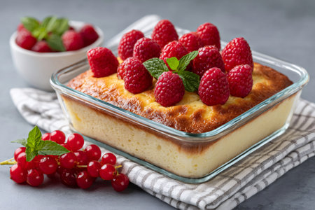 Delicious homemade cheesecake with raspberries and redcurrant on a tableの素材