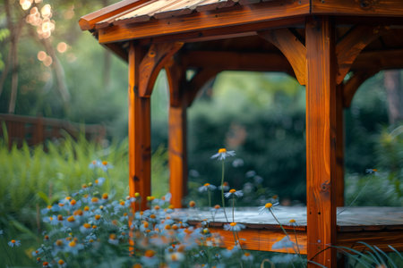 Gazebo made of wood located in a garden with flowers growing around itの素材