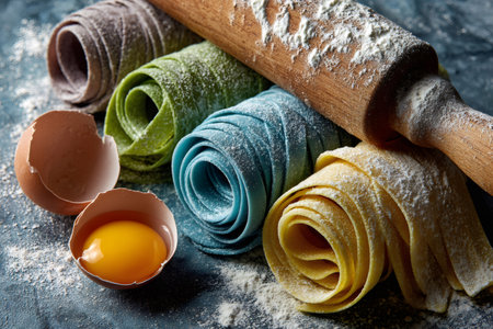 Homemade colorful pasta, flour, broken egg and rolling pin are lying on a dark backgroundの素材