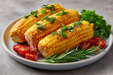 Delicious grilled corn cobs seasoned with herbs and spices lying on a plate with tomatoes and rosemaryの素材