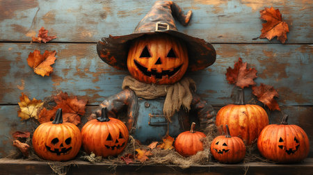 Halloween scarecrow made of pumpkin with witch hat and denim overalls decorating a rustic wooden background with jack-o'-lanterns and autumn leavesの素材