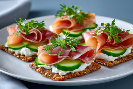Delicious crispbread topped with cream cheese, cucumber slices and prosciutto, garnished with fresh dill, creating a flavorful and visually appealing appetizerの素材