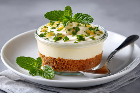 Mini lemon cheesecake with biscuit base, smooth cream cheese filling, lemon zest and fresh mint topping, served on a white plateの素材