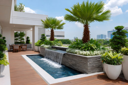 Modern rooftop garden with waterfall cascading into plunge pool, featuring lush plants and wooden deckの素材
