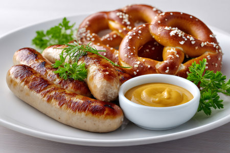 Bavarian sausages with pretzels and mustard sauce garnished with fresh parsley and dill served on a white plateの素材