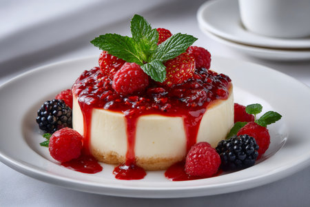 Small cheesecake with dripping berry sauce, decorated with fresh mint leaves, raspberries, and blackberries, served on a white plateの素材